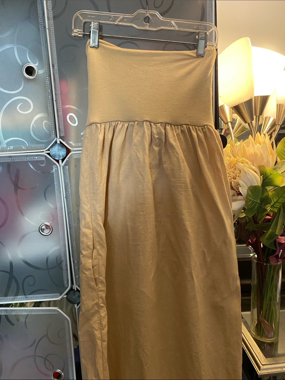 100% Linen Tan Strapless Mixi Dress - Picture 2 of 2